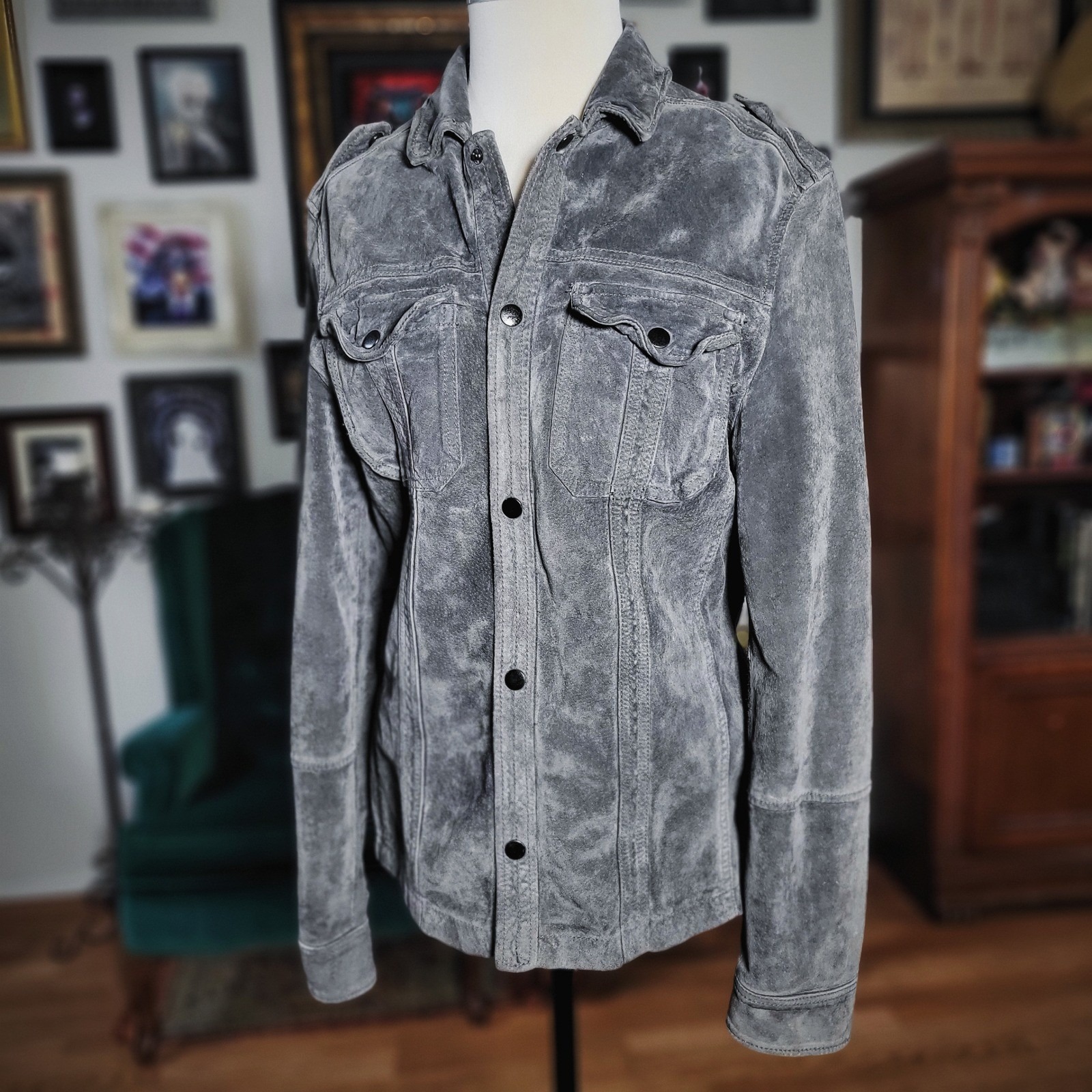 Allsaints Spitalfields Trucker Jacket Suede Leather Grey Mens Xs Military Style